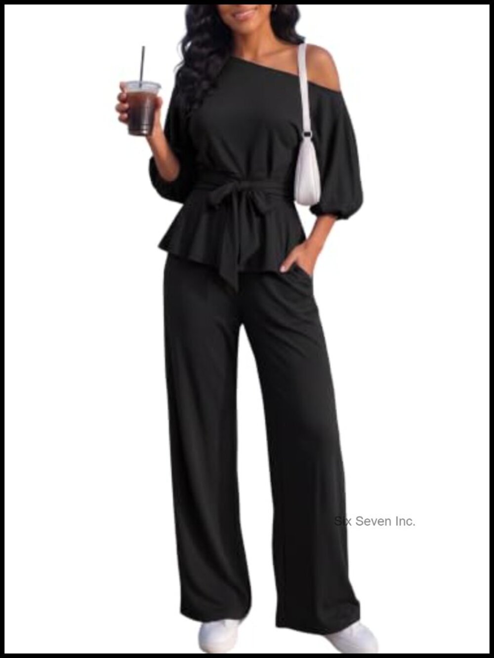 Off Shoulder Peplum Top & Straight Pants Set Stretchy Twill Business Casual